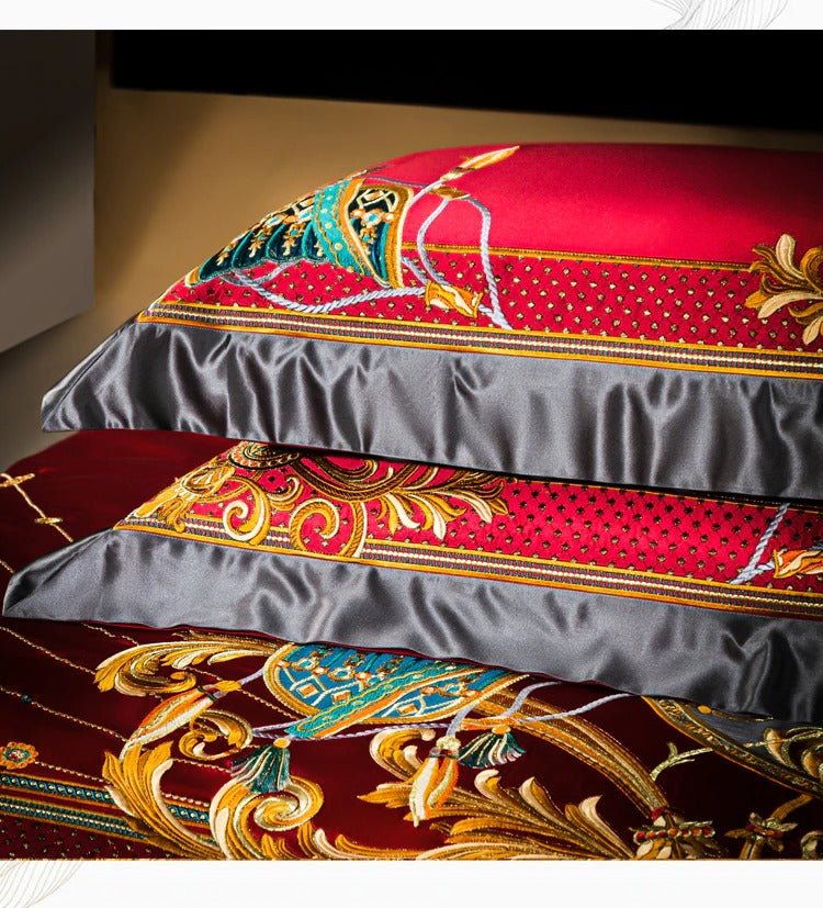 Luxe Red Egyptian Cotton Embroidered Bedding Collection