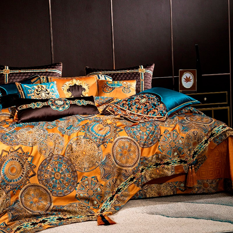 Luxurious Omera Jacquard Satin Bedding Set with Elegant Embroidery and Stylish Tassels