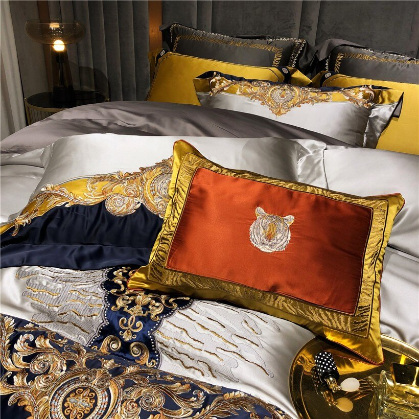 Luxurious Daniella Gold Damask Embroidered Satin Bedding Set in Premium Egyptian Cotton