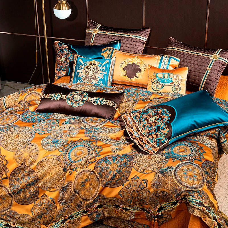 Luxurious Omera Jacquard Satin Bedding Set with Elegant Embroidery and Stylish Tassels