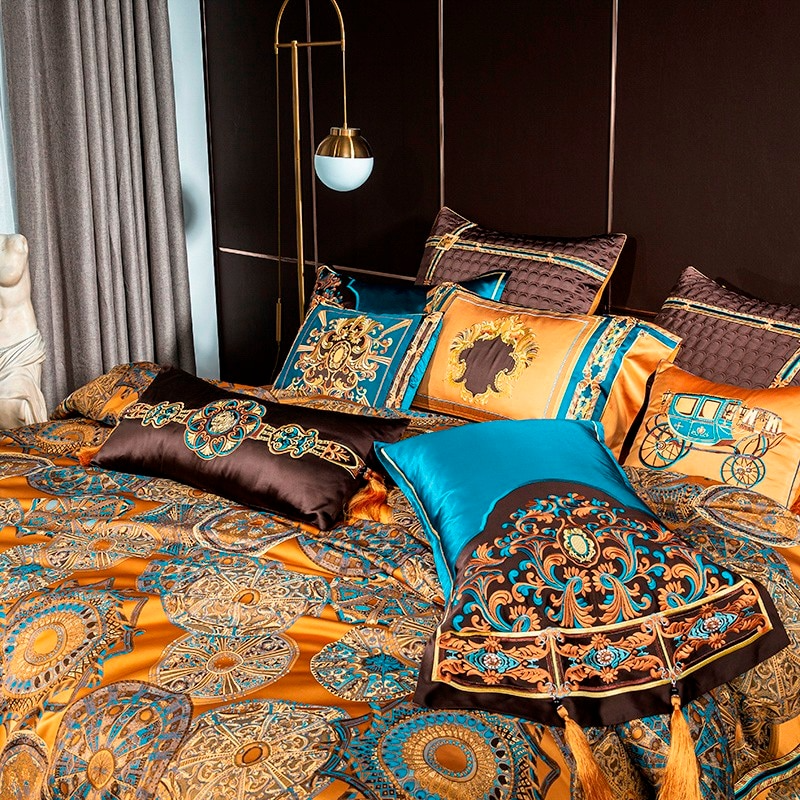 Luxurious Omera Jacquard Satin Bedding Set with Elegant Embroidery and Stylish Tassels