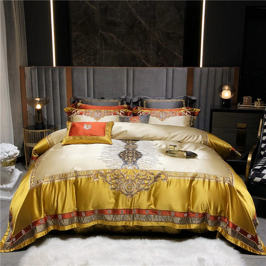 Luxurious Daniella Gold Damask Embroidered Satin Bedding Set in Premium Egyptian Cotton