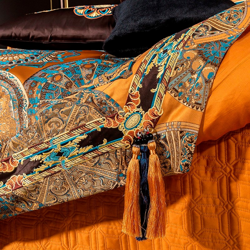 Luxurious Omera Jacquard Satin Bedding Set with Elegant Embroidery and Stylish Tassels