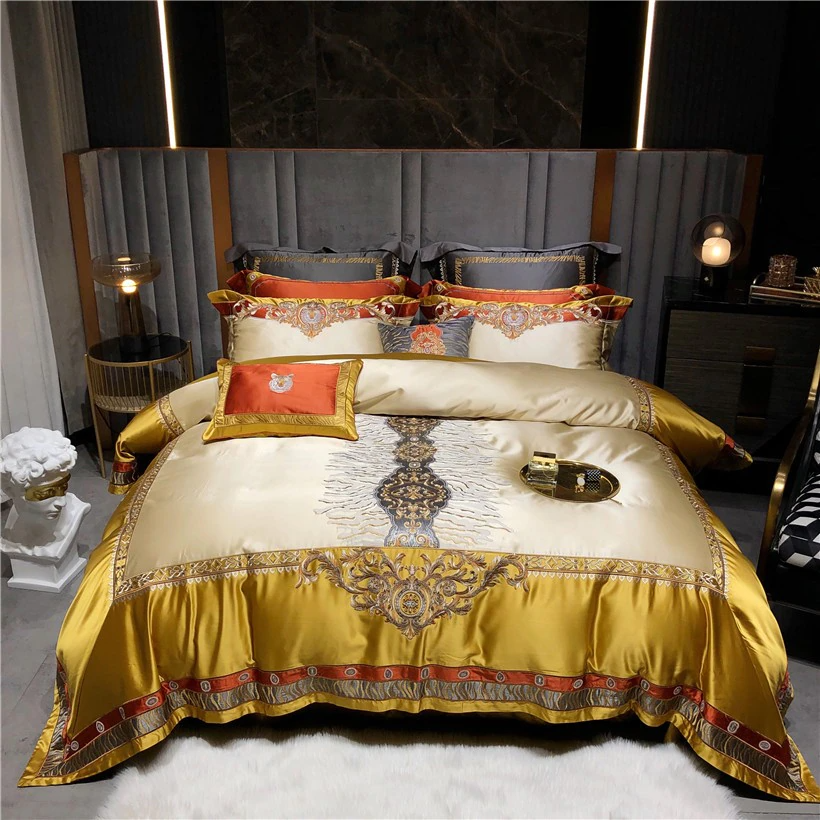 Luxurious Daniella Gold Damask Embroidered Satin Bedding Set in Premium Egyptian Cotton