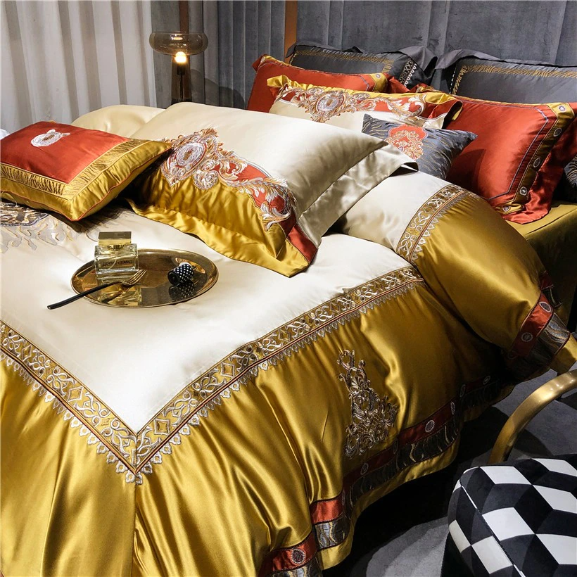 Luxurious Daniella Gold Damask Embroidered Satin Bedding Set in Premium Egyptian Cotton