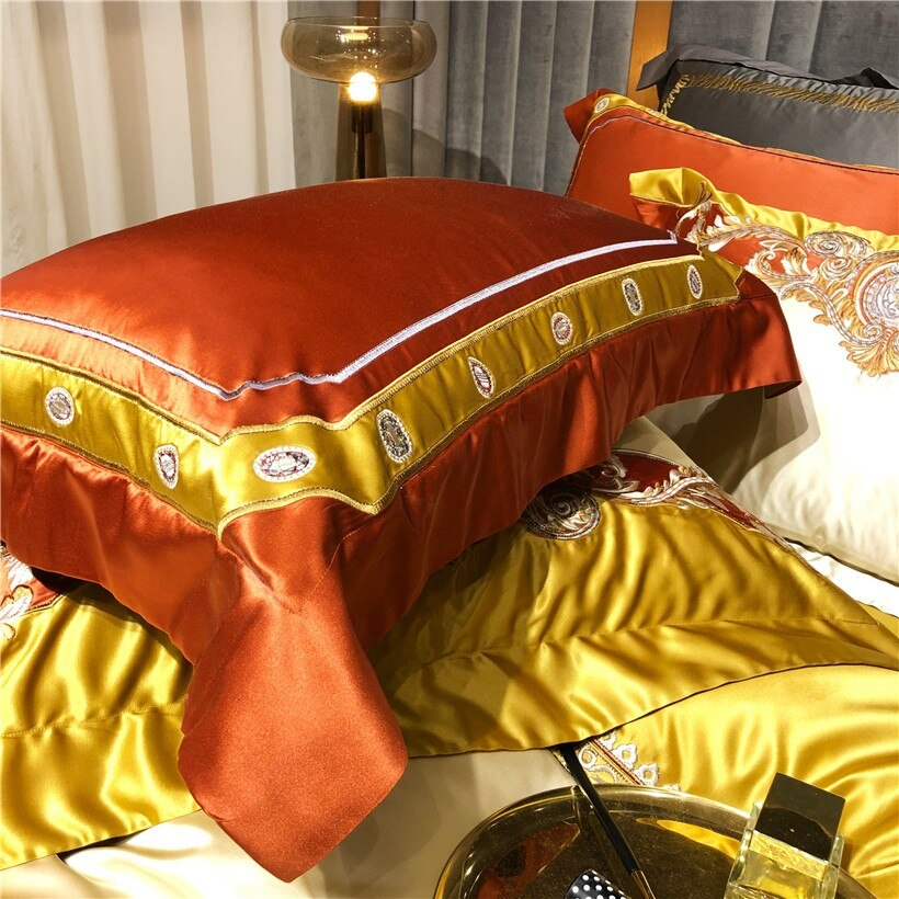 Luxurious Daniella Gold Damask Embroidered Satin Bedding Set in Premium Egyptian Cotton