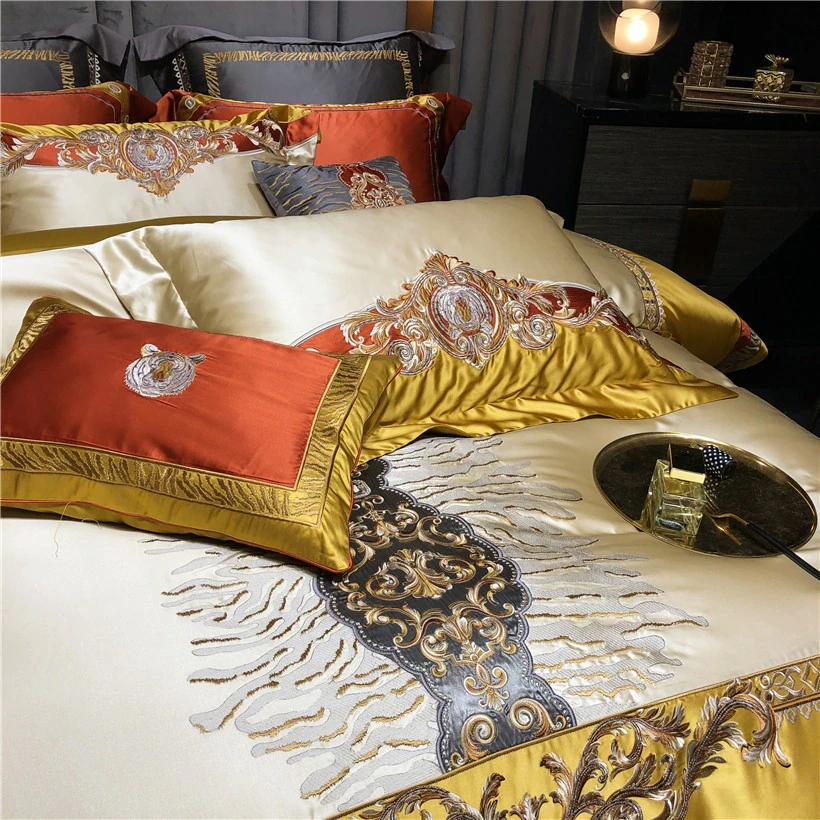 Luxurious Daniella Gold Damask Embroidered Satin Bedding Set in Premium Egyptian Cotton