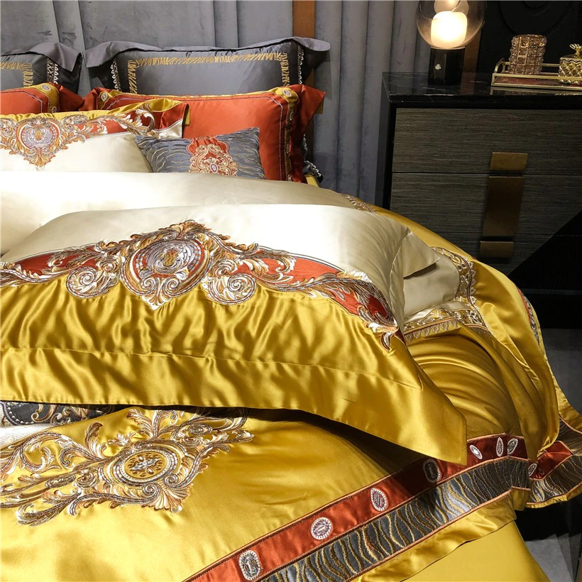 Luxurious Daniella Gold Damask Embroidered Satin Bedding Set in Premium Egyptian Cotton