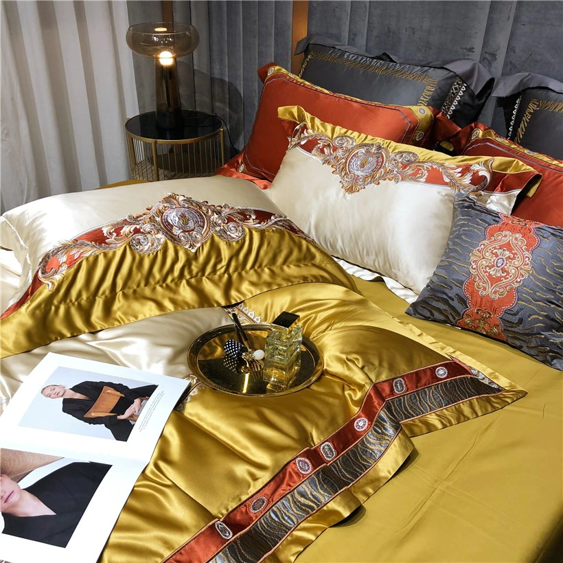 Luxurious Daniella Gold Damask Embroidered Satin Bedding Set in Premium Egyptian Cotton