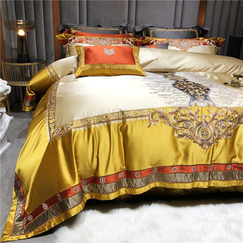 Luxurious Daniella Gold Damask Embroidered Satin Bedding Set in Premium Egyptian Cotton