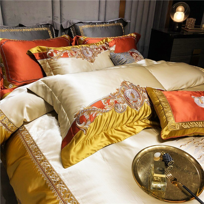 Luxurious Daniella Gold Damask Embroidered Satin Bedding Set in Premium Egyptian Cotton