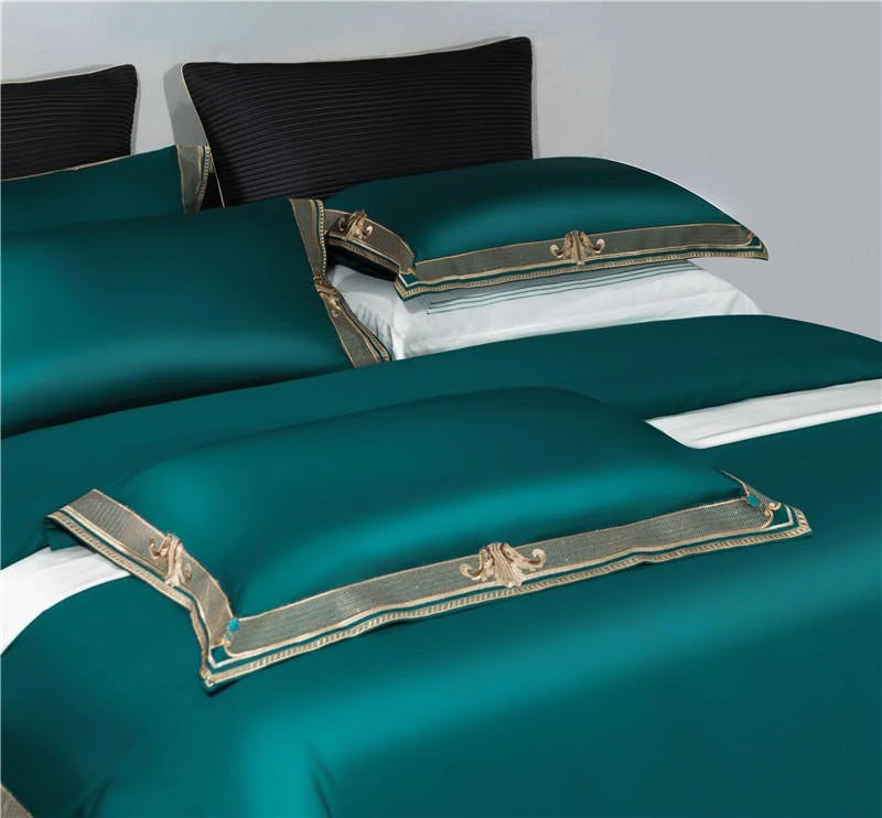 Luxurious Anahi Green Embroidered Egyptian Cotton Bedding Set with Artistic Border Design