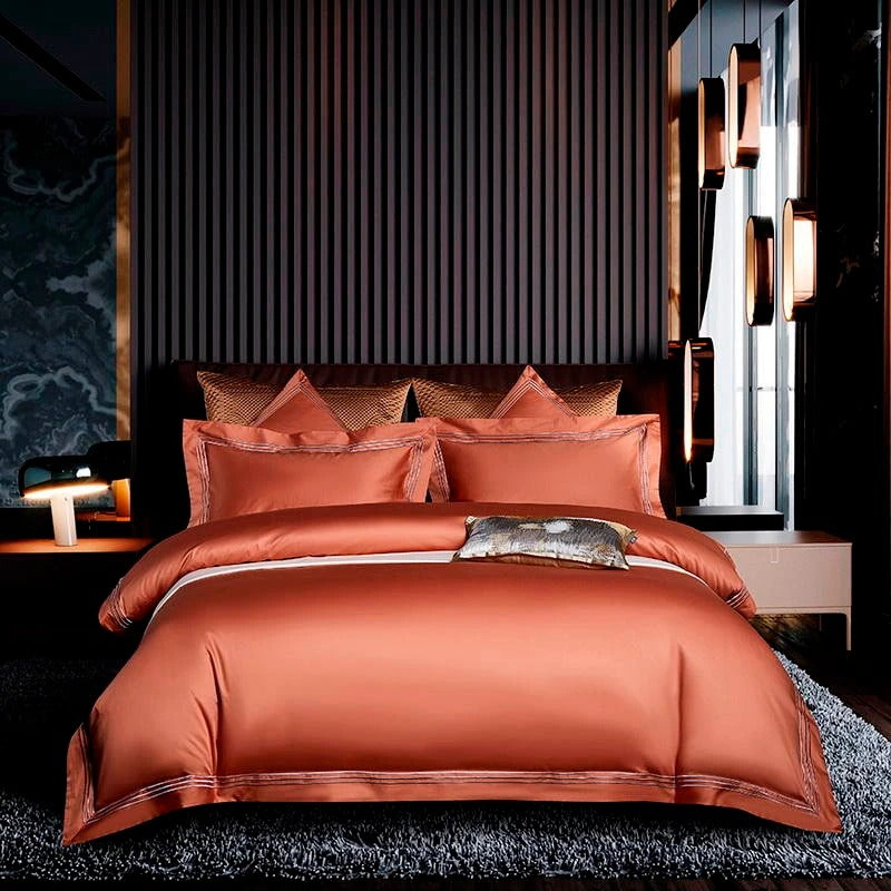 Luxurious Leila Orange Egyptian Cotton Bedding Set with Elegant Embroidered Edges