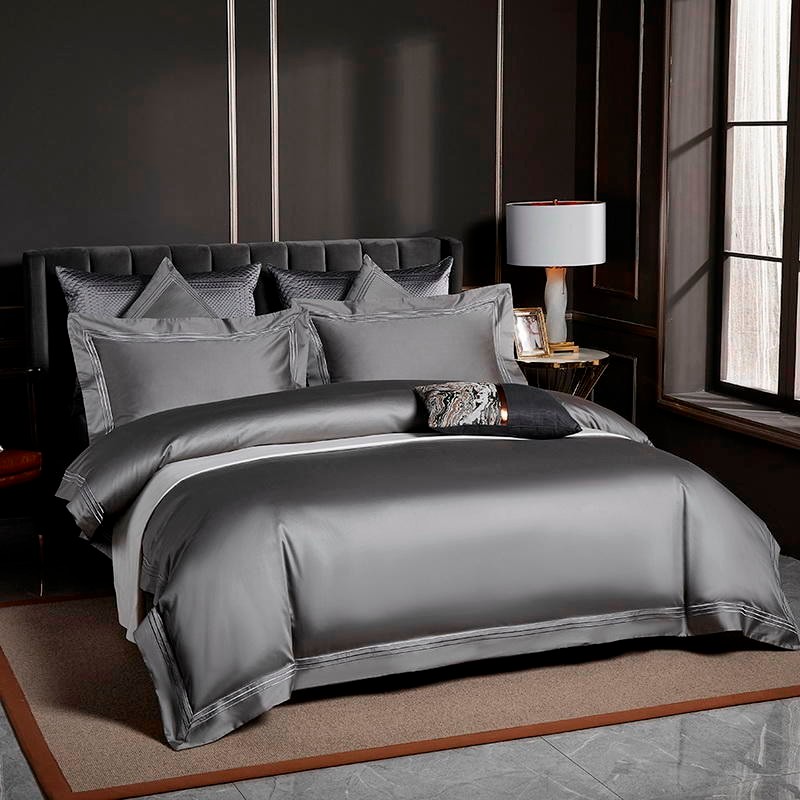 Luxury Leila Grey Egyptian Cotton Bedding Set with Exquisite Embroidery Edging