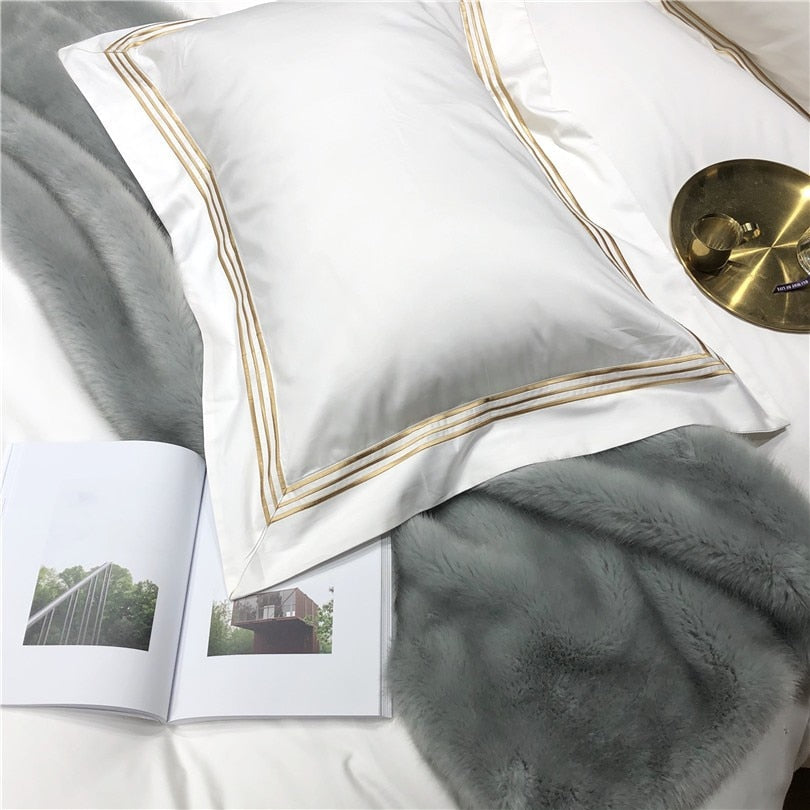 Luxurious Victoria Embroidered Egyptian Cotton Bedding Set with Elegant Lined Border