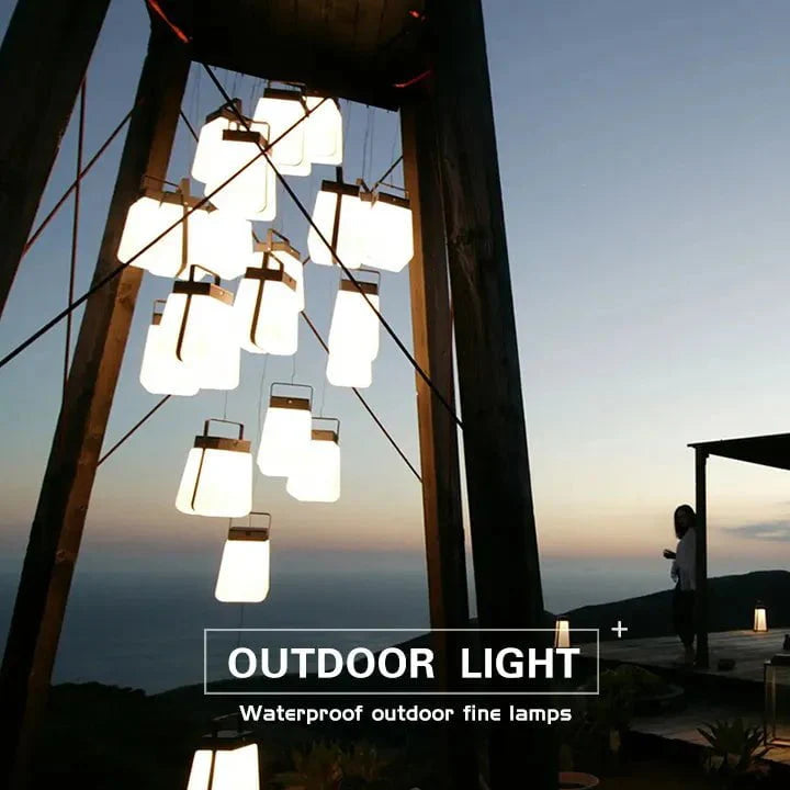 Hanging Junam Lights at sunset on outdoor structure