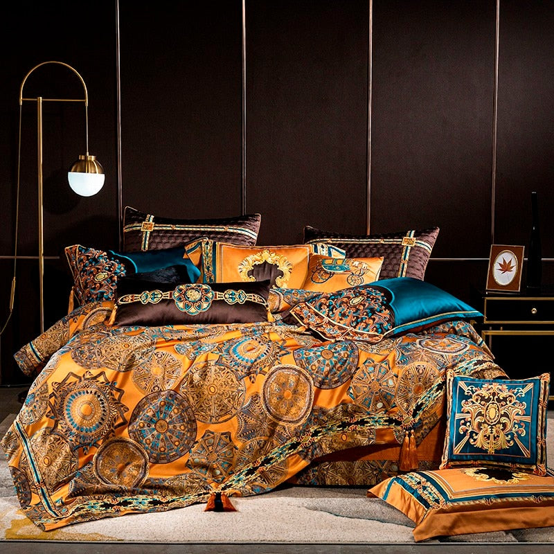 Luxurious Omera Jacquard Satin Bedding Set with Elegant Embroidery and Stylish Tassels