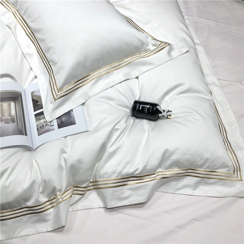 Luxurious Victoria Embroidered Egyptian Cotton Bedding Set with Elegant Lined Border