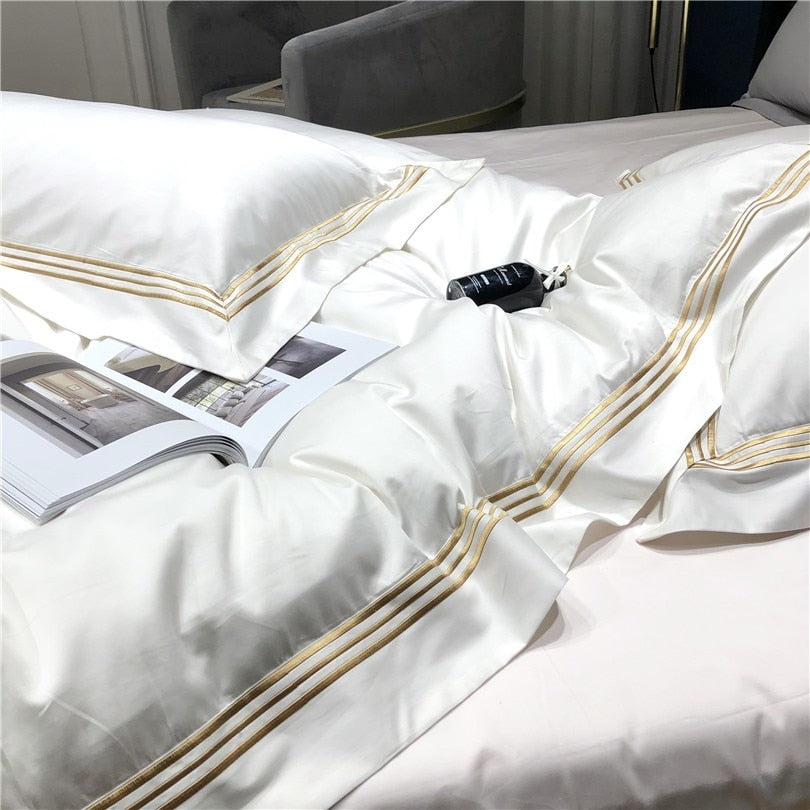 Luxurious Victoria Embroidered Egyptian Cotton Bedding Set with Elegant Lined Border