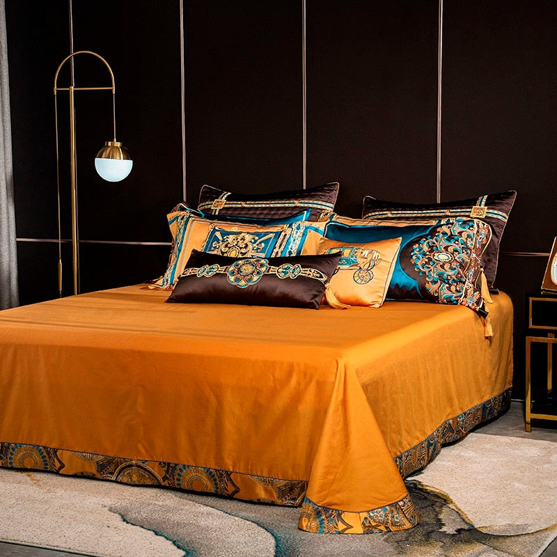 Luxurious Omera Jacquard Satin Bedding Set with Elegant Embroidery and Stylish Tassels