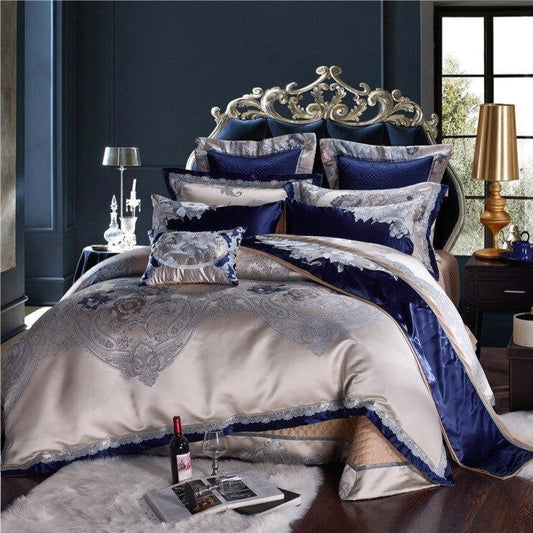 Opulent Impero Blue and Silver Silk-Cotton Jacquard Chinese Bedding Set