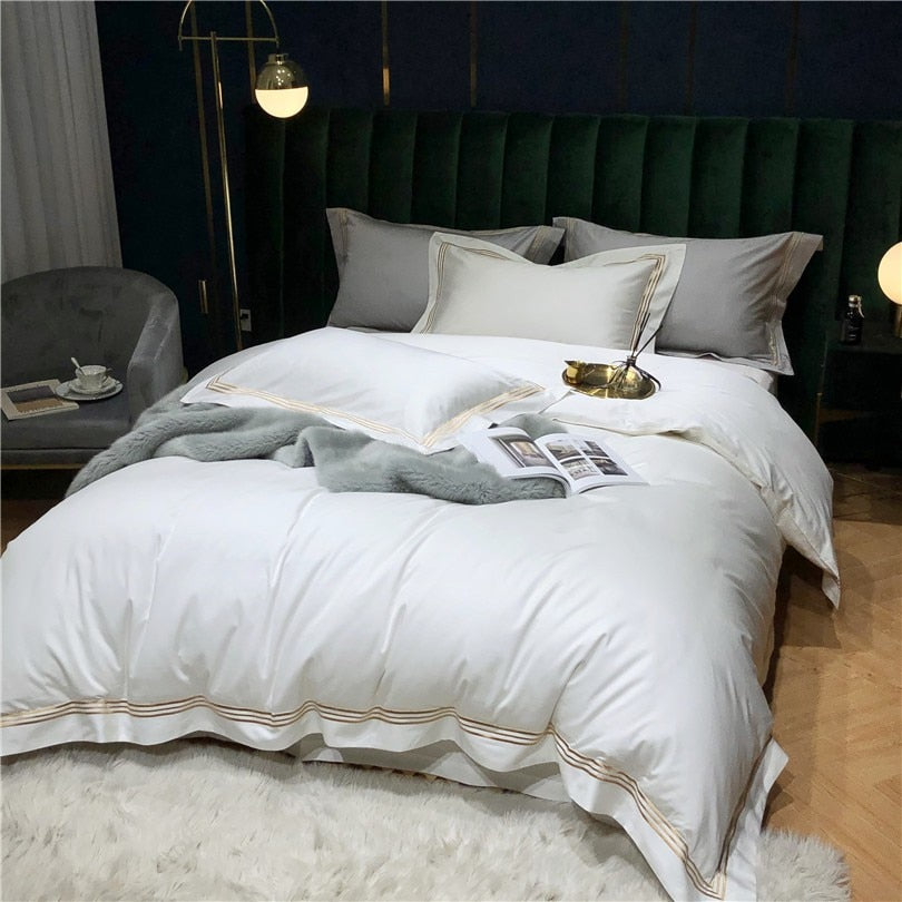 Luxurious Victoria Embroidered Egyptian Cotton Bedding Set with Elegant Lined Border