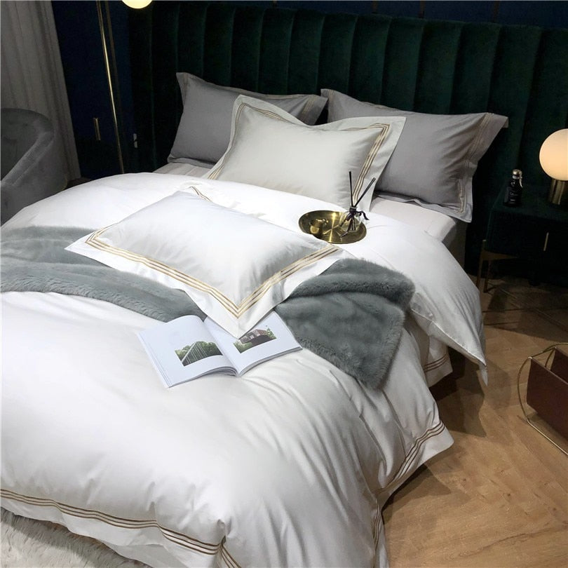 Luxurious Victoria Embroidered Egyptian Cotton Bedding Set with Elegant Lined Border