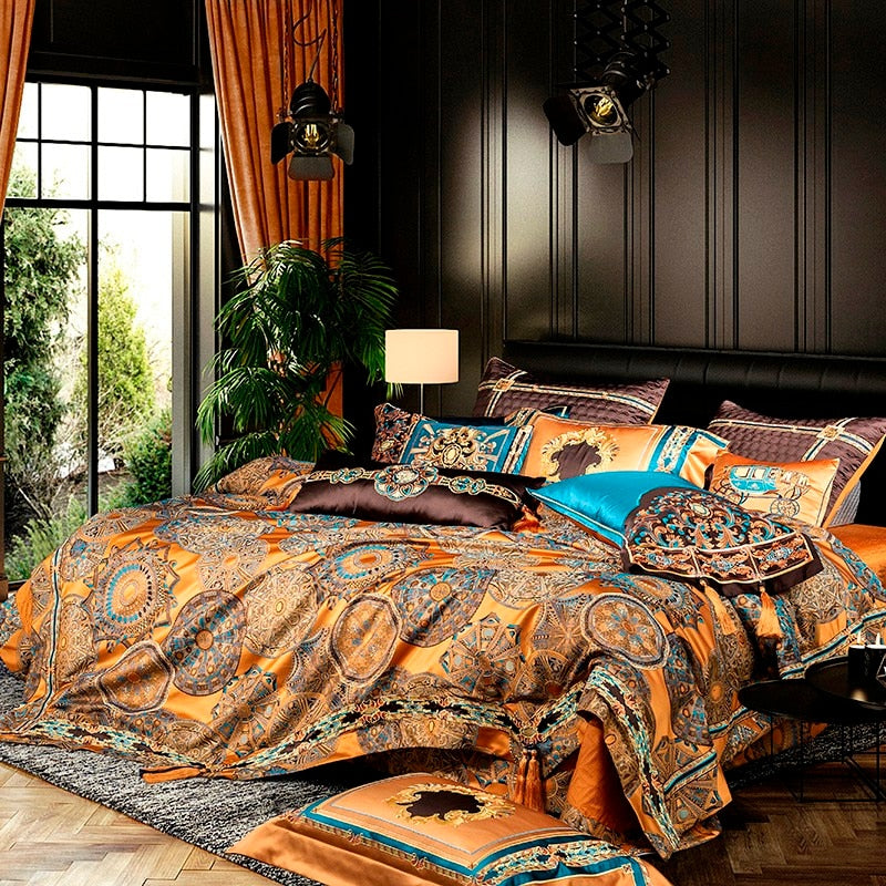 Luxurious Omera Jacquard Satin Bedding Set with Elegant Embroidery and Stylish Tassels