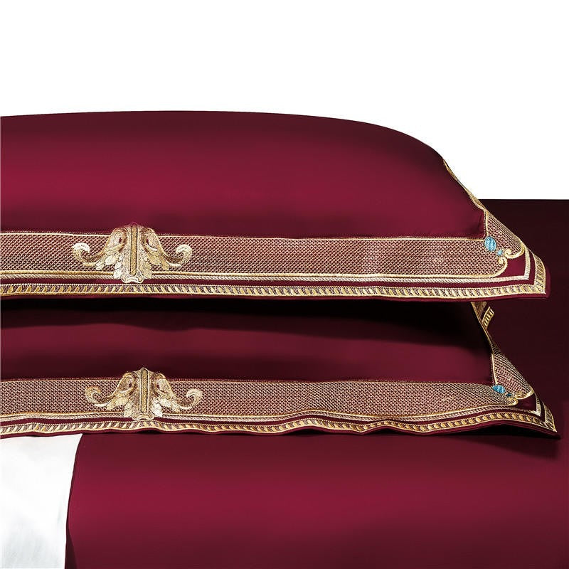 Luxurious Anahi Red Embroidered Egyptian Cotton Bedding Set with Exquisite Motif Border