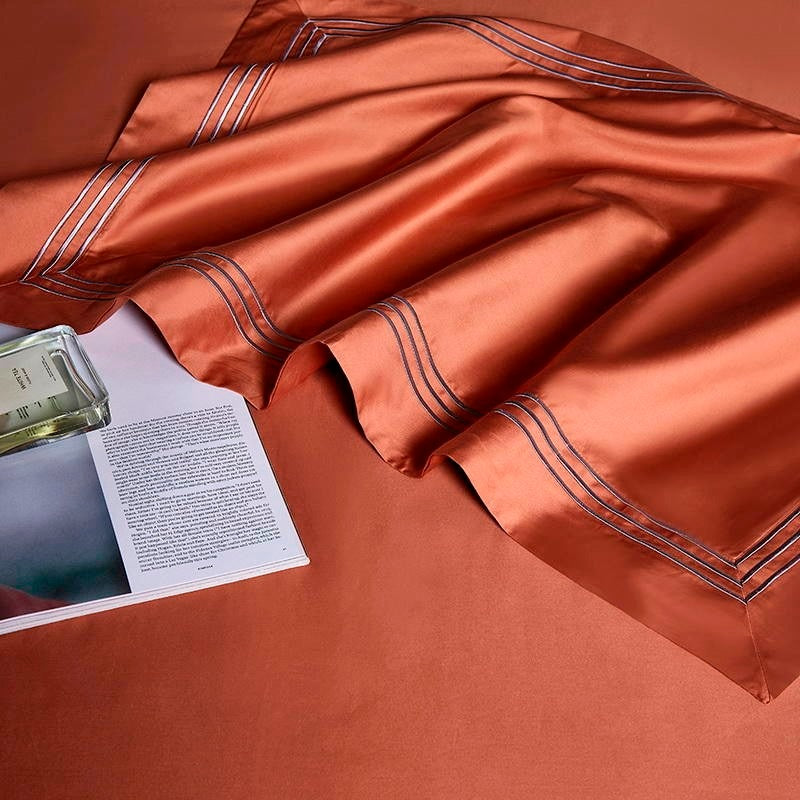 Luxurious Leila Orange Egyptian Cotton Bedding Set with Elegant Embroidered Edges