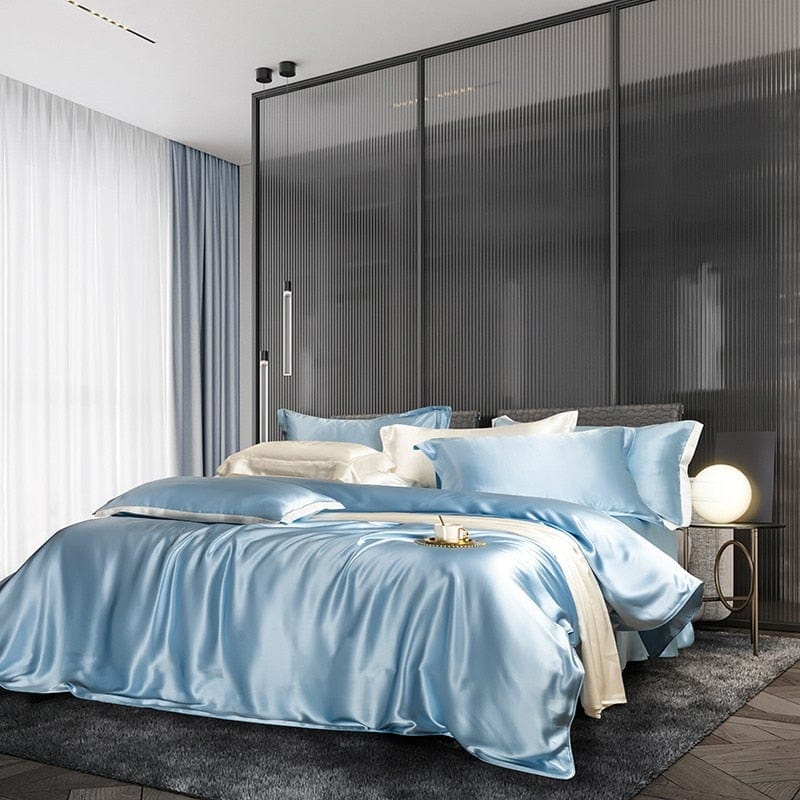 Premium Sky Blue Mulberry Silk Bedding Set