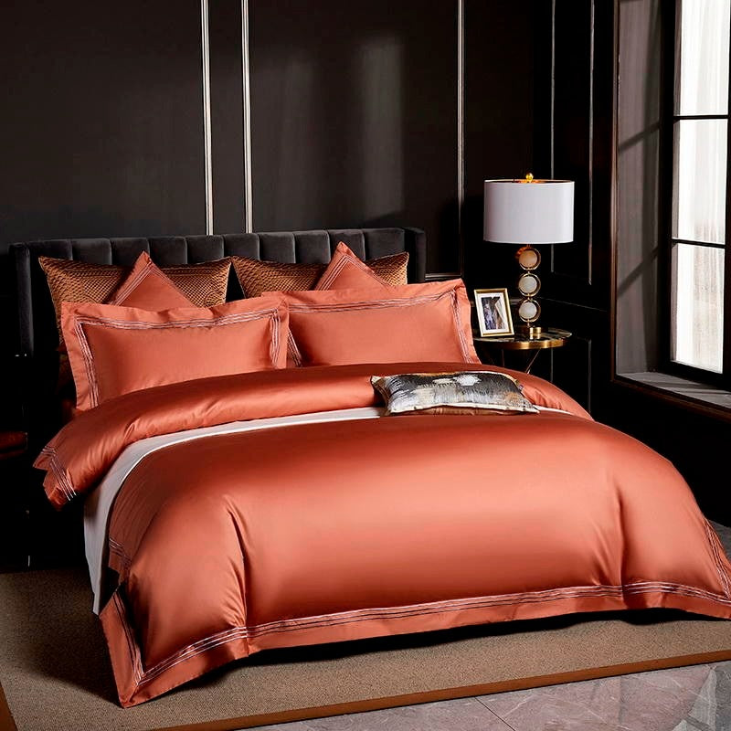 Luxurious Leila Orange Egyptian Cotton Bedding Set with Elegant Embroidered Edges