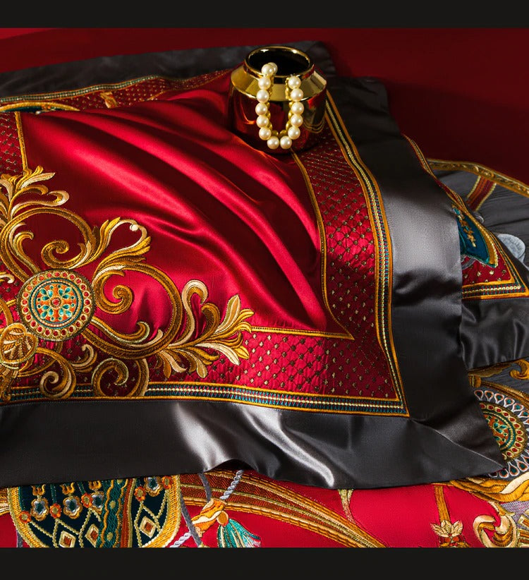 Luxe Red Egyptian Cotton Embroidered Bedding Collection