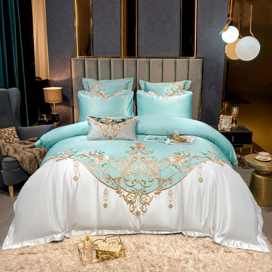 Luxurious Domitia Flemish Sky Embroidered Bedding Set in Premium Egyptian Cotton