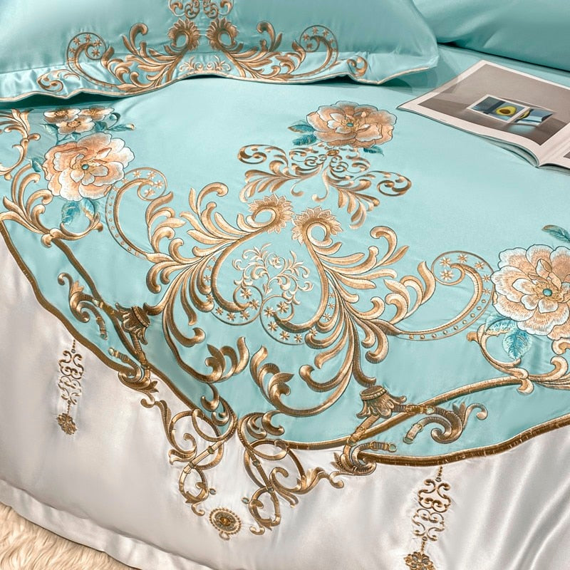 Luxurious Domitia Flemish Sky Embroidered Bedding Set in Premium Egyptian Cotton